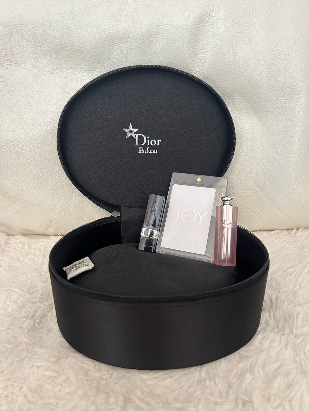 Dior Beauty Cosmetic Case w/ 915 Soft Burgundy & Lip Glow 004 Coral & JOY Card